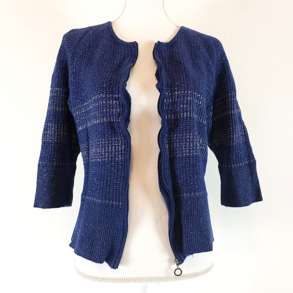 ALEX MARIE Knit SIZE XL Zip Front Blue Metallic 3/4 Sleeve Cardigan Sweater - Picture 11 of 11